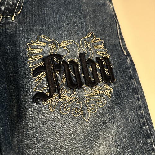 FUBU Denim Jean Shorts Blue Gold The Collection Embroidered Eagle Design Sz 16 - Picture 2 of 6