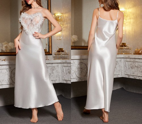 Damen langes Kleid Sling Herz Spitze Eisseide Mode Pyjama Schlaf Nachtwäsche - Bild 17 von 41