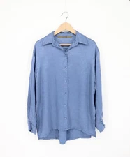 ENZA COSTA Textured Satin Button-Front Shirt Blue S (1) $375 C1