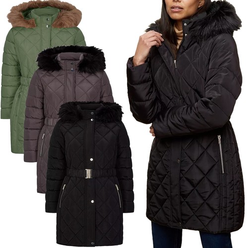 Ex Brand  Womens Padded Long Jacket Quilted Belted Faux Fur Hooded Ladies Coat  - Afbeelding 1 van 21