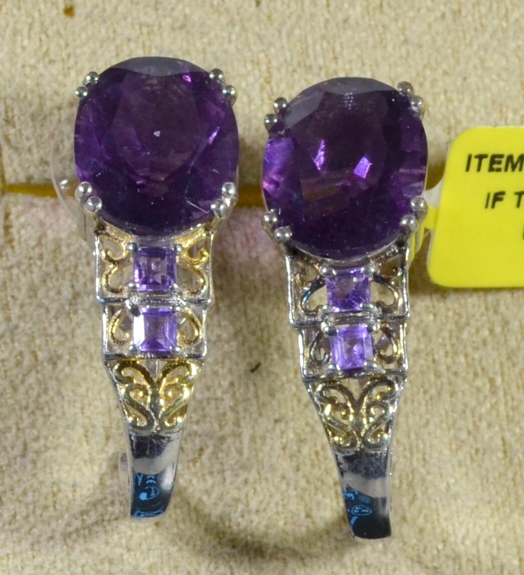 "LC" PURPLE FLUORITEAMETHYSTSTUD EARRINGS14k YELLOW GOLD & PLAT/STER