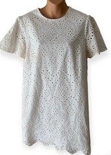 ZARA Ivory Cotton Eyelet Embroidered Short Sleeve Mini Dress Size L