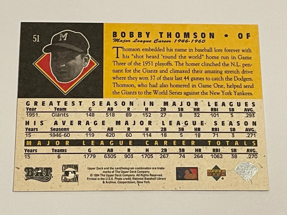 1994 Upper Deck All-Time Heroes Baseball #51 - Bobby Thompson - New York Giants - Image 2 of 2
