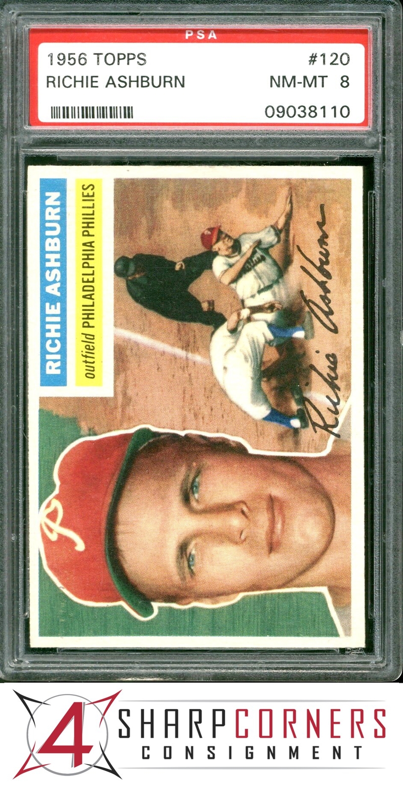 1956 TOPPS #120 RICHIE ASHBURN PHILLIES HOF GRAY BACK PSA 8