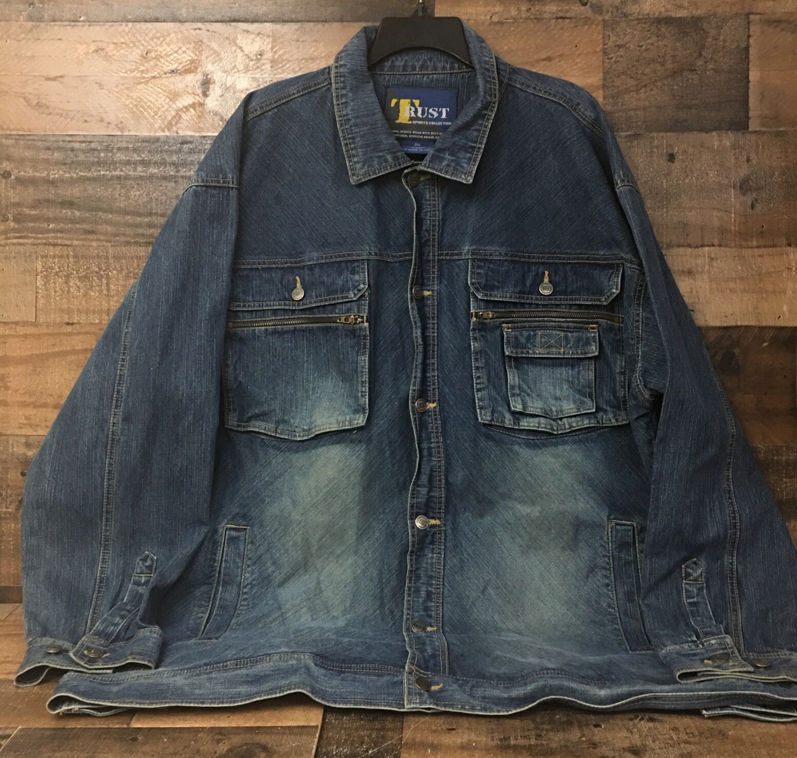 VTG Trust Denim Jacket Men 3XL Y2K Blue Denim Faded Button Up Streetwear READ