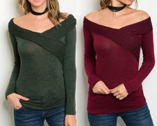 Boatneck Off Shoulder Long Sleeve Sweater Top Green or Burgundy Black 2-Tone