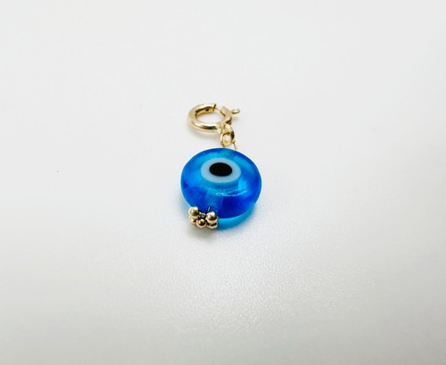 14K Solid Yellow Gold Millefiori Glass 6mm Blue Evil Eye Charm Pendant w/Clasp - Picture 3 of 13