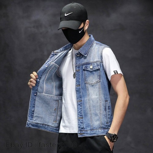 Men's Denim Vest Cowboy Waistcoat Sleeveless Casual Jacket Coat Oversize Retro - Picture 4 of 26