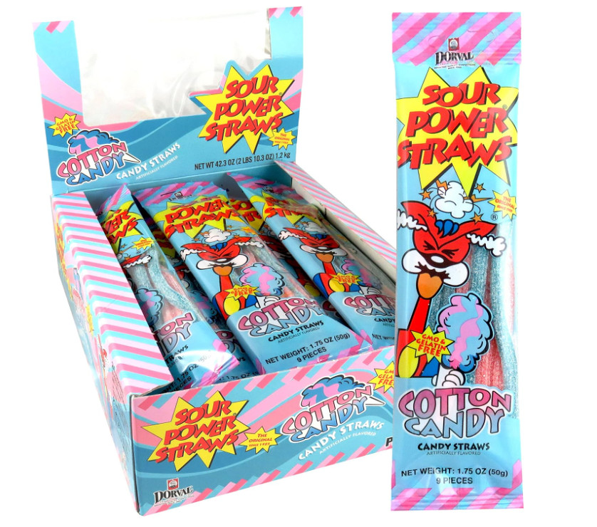 Соломинки Sour Power Candy, сахарная вата, 1,75 унции (в упаковке 24 штуки)