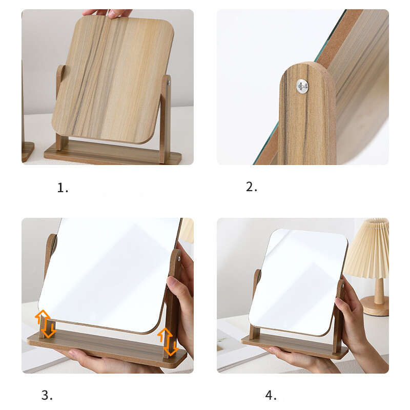 Cosmetic Desktop Stand Makeup Mirror with Wood Frame Wooden Bathroom