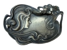 WMF Art Nouveau Jugendstil Card Tray Silverplate Maiden Head Antique Floral Dish