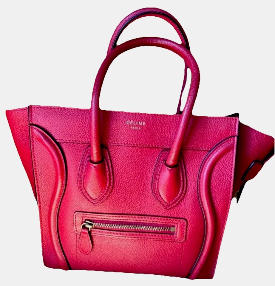 Celine Fluo Pink Drummed Leather Mini Luggage Tote Bag