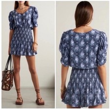 LoveShackFancy Brickell Mini Dress Blue Floral Smocked Short Sleeve Viscose S