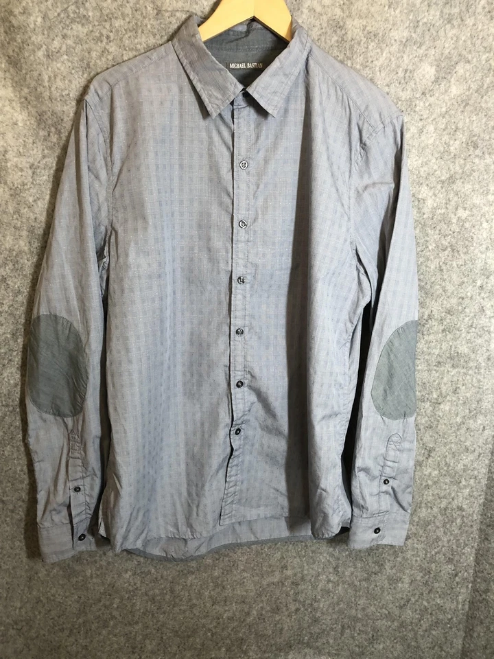 Camisa Michael Bastian Para Hombres Grande Gris Abotonada Codo Parche Vestido Informal Algodón Foto 3 de 4