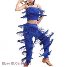 2 Piece Kid Girls Latin Ballroom Dance Costume Tassels Fringe Camisole Pants Set