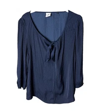 CAbi Knot Front Blouse Size Medium Top Navy Blue 3/4 Sleeves Dots Style  #5525