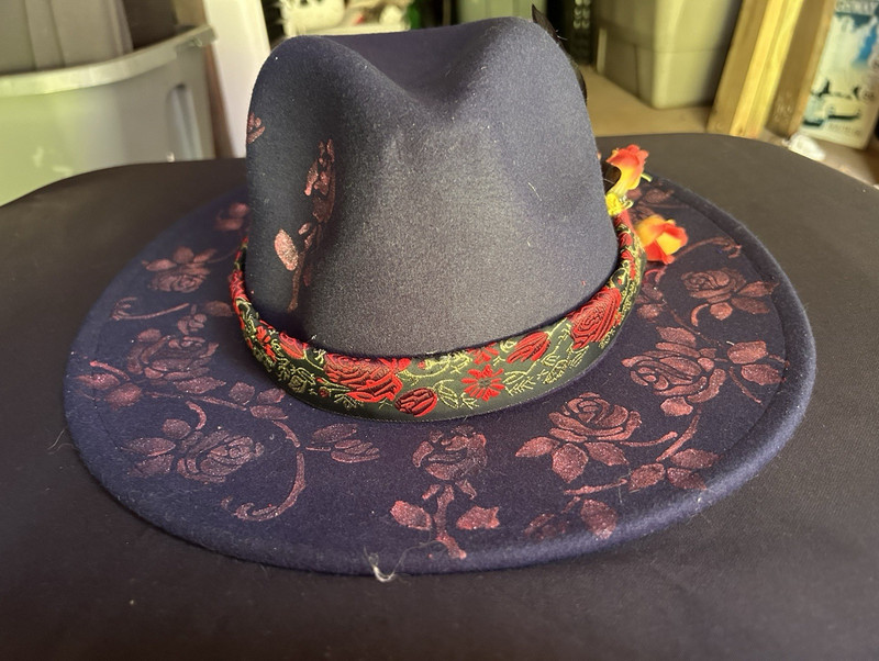 Navy Blue Felt Wide Brim Fedora Hat Women’s Floral Feather, One Size