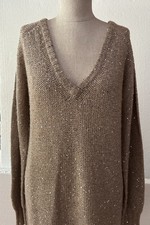 Greylin Dress Women’s Size Medium Sequined Sweater Dress V Neck Pullover Beige 