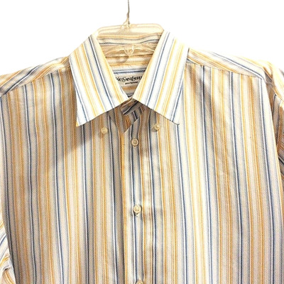 Yves St Laurent Dress Shirt Sz 42 Yellow Stripe EMBROIDERED YSL Embroidered Cuff