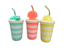 Set Of 3 Kids Striped Cups With Fun Animal Beach-Themed Lids And Straws by Sun