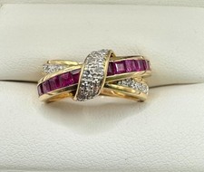 9ct Gold Ruby & Diamond Half Eternity Crossover Ring - Size E