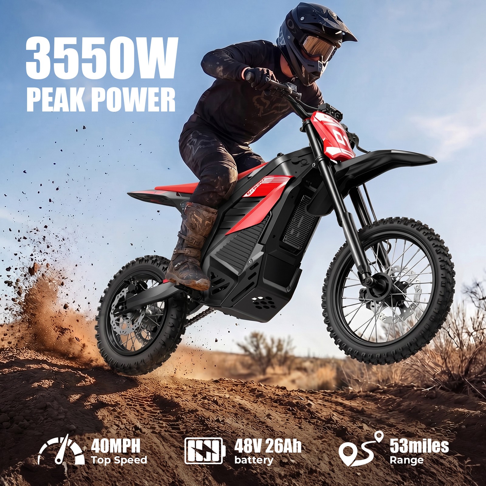 ADULT ELECTRIC DIRT BIKE 3550W ELECTRIC MOTORCYCLE 48V 26AH 40MPH MOUTAIN E-MOTO