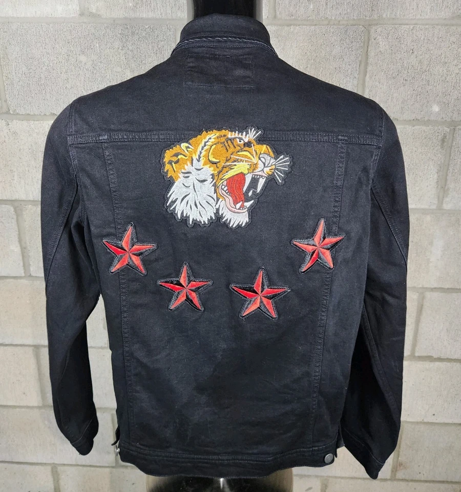 Members Only Tiger and Stars Black Denim Jacket Men's Size XL - Image 2 of 4