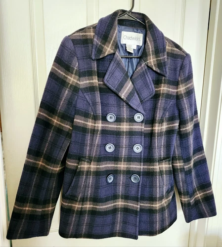 VETEMENTS Chadwick's Y2K Pavone donna blu a quadri in lana doppiopetto con colletto taglia 10