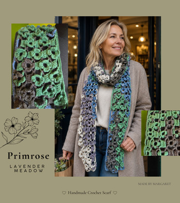 Handarbeit Häkel Schal blau grün Blumen Primel Spitze Boho Frauen Geschenk langes Halstuch