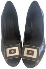 VTG Tory Burch Black Patent Leather Peep Toe Wedge Platform Pumps Women's 10M