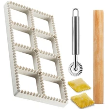 Ravioli Maker Press Mold Set - Squares Stamp Cutter with Wood Rolling Pin