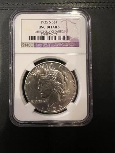 KEY DATE 1935-S Peace Silver $1 Dollar NGC UNC Details Cleaned