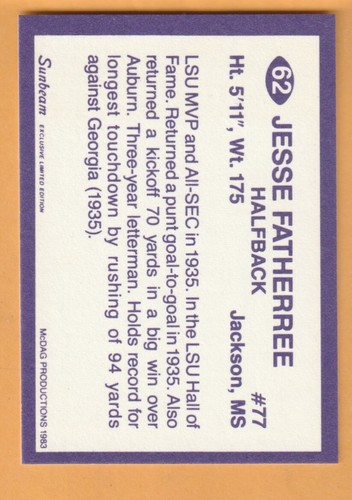 Jesse Fatherree LSU Tigers 1983 Sunbeam Card Jackson Mississippi 16O - Picture 2 of 2