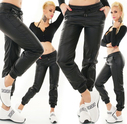 Pantalone donna jogger ecopelle nera coulisse wet look pants trousers new |  eBay