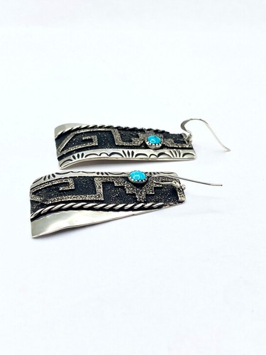 Textured Sterling Earrings Turquoise Geometric Pattern T&R Singer Navajo - Picture 4 of 12