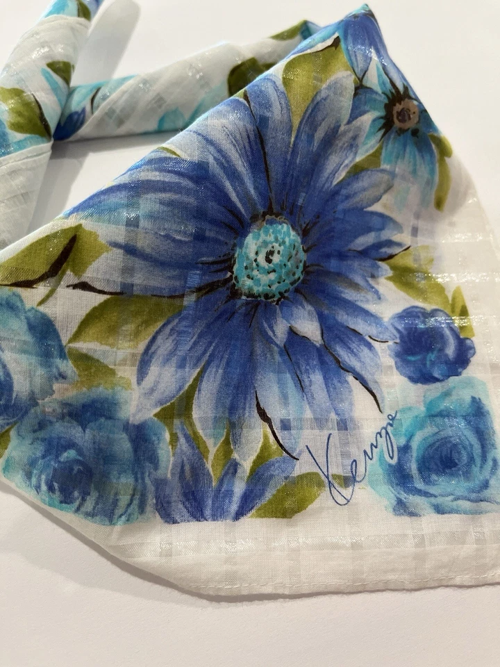 "Pañuelo KENZO Mujer Floral Azul Blanco Estampado Algodón Bolsillo Cuadrado 23""" Foto 3 de 4