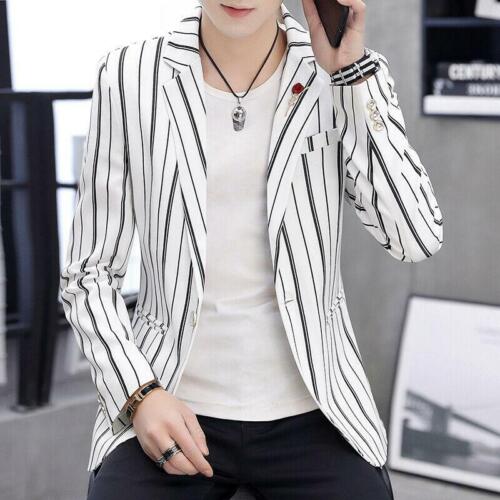 Fashion Mens Black White Striped Lapel Collar Top Blazer Jacket Casual Coat - Picture 10 of 27