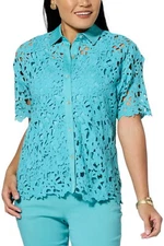 WynneCollection Abstract Floral Lace Top Aqua