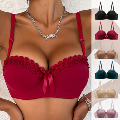 Women Bow Lace Floral Lingerie Solid Underwire Underwear Gathered Push Up Bras