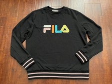 Women Fila Sweatshirt Long Sleeve Pullover Shirt Top Black Crew Neck Large L