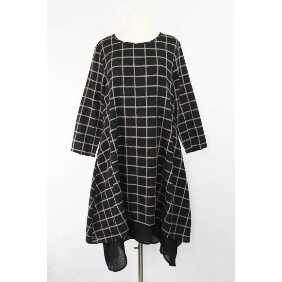 BUYKUD Windowpane Print Dress Sz Med Relaxed Fit Long Sleeve
