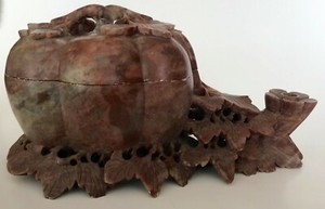 Signed Intricately Carved Soapstone Pumpkin - Squash Covered Vessel Brush Pot