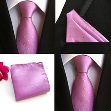 Men Pink Blue Polka Dots Neck Tie Pocket Square Handkerchief Set Lot HZ071