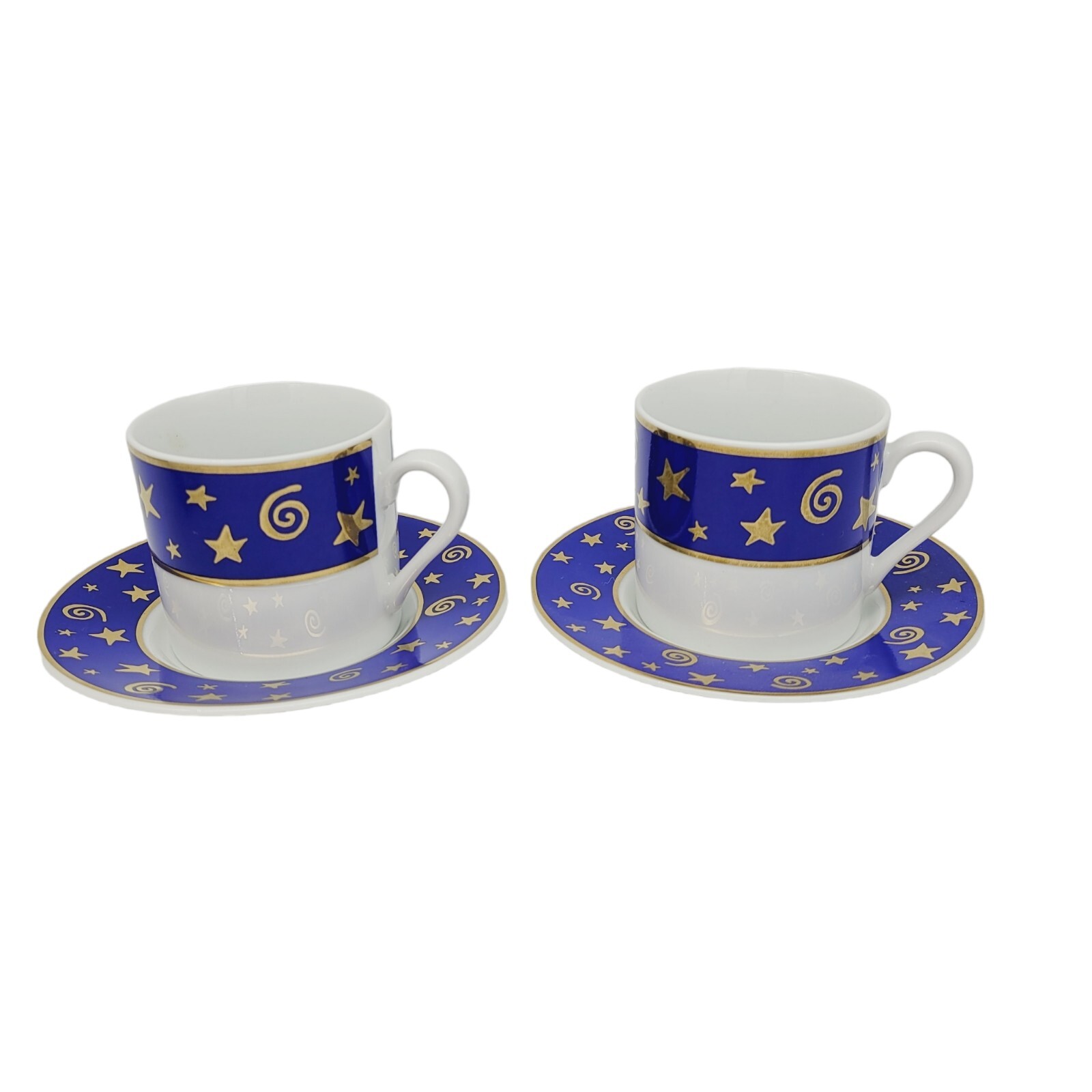 2 Pottery Barn Japan Demitasse Espresso Cups Saucers Blue Gold Stars