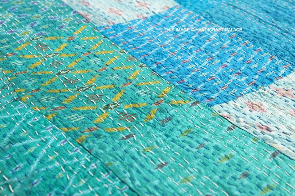 Indian Vintage Aqua Silk Patola Kantha Quilt Handmade Reversible Bedspread Queen - Image 3 of 4
