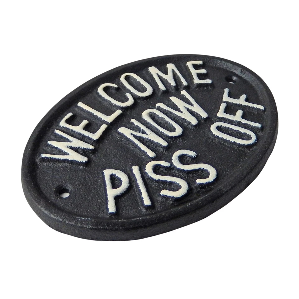 Letrero de puerta de placa de decoración de pared de hierro fundido Welcome Now blanco y negro 5 pulgadas Foto 3 de 4