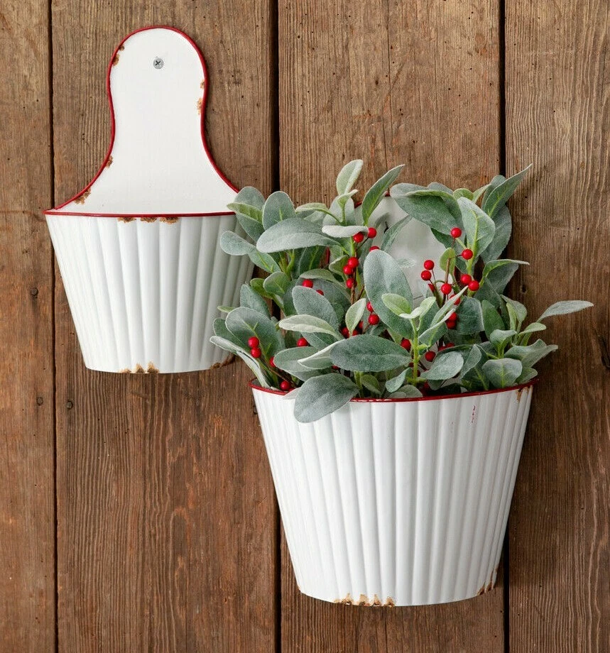 NEW Farmhouse WHITE HANGING Planters Red Trim Aged 2pc Metal Enamelware Cottage - Image 2 of 2