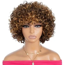 8 Inch Highlight Brown Curly Wig with Bangs, Glueless, Brazilian Hair
