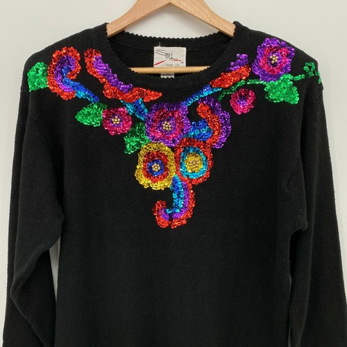 Vintage Sweater Jumper Medium 1992 Sequins Shoulder Pads Statement 90s Disco Y2K - Picture 2 of 7