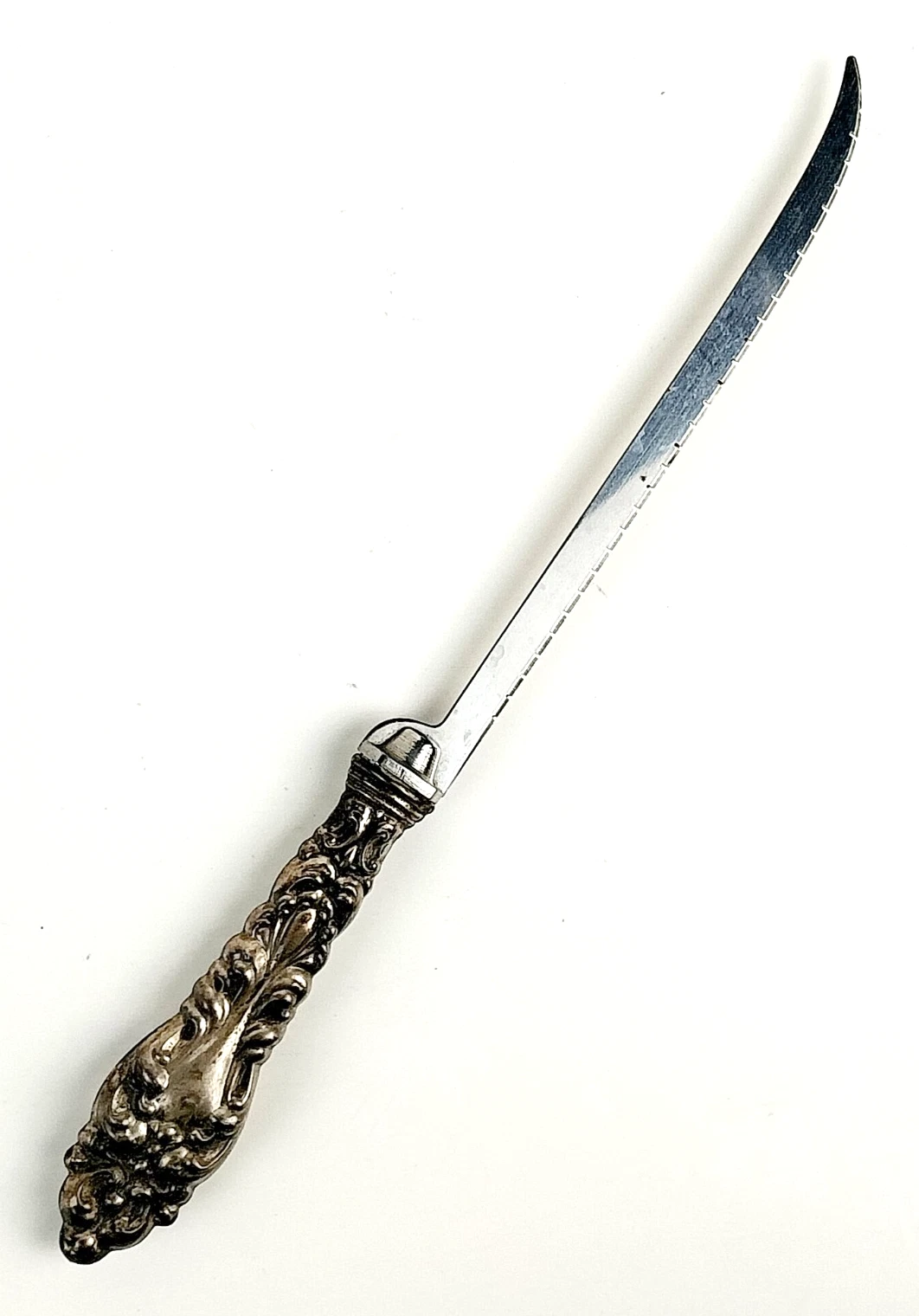 Vintage Victorian Sterling Silver Serrated Fish Filet Knife Repousse Handle 8.5”